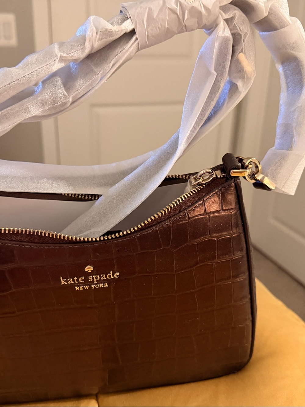 kate spade Croc-Embossed Shoulder Bag in Dark Brown with Gold Hardware - Picture 3 of 4
